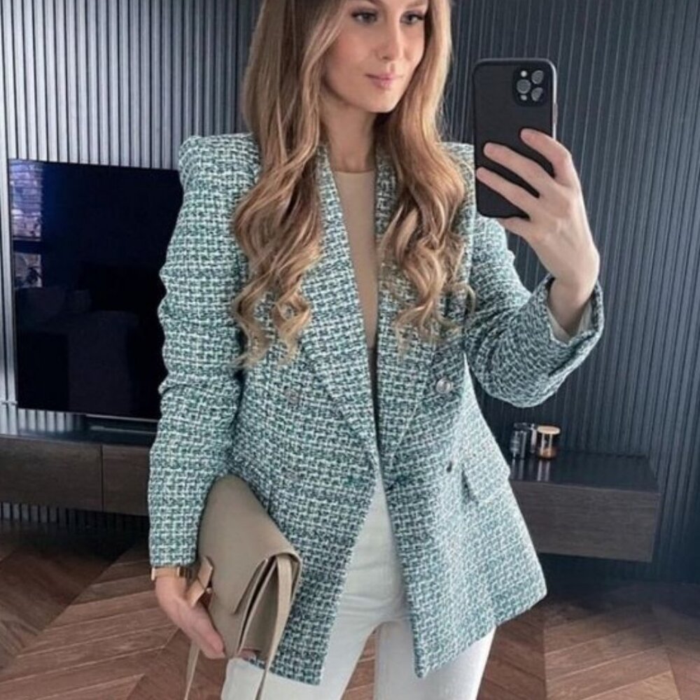 Zara Tweed Greenish-Blue Blazer
